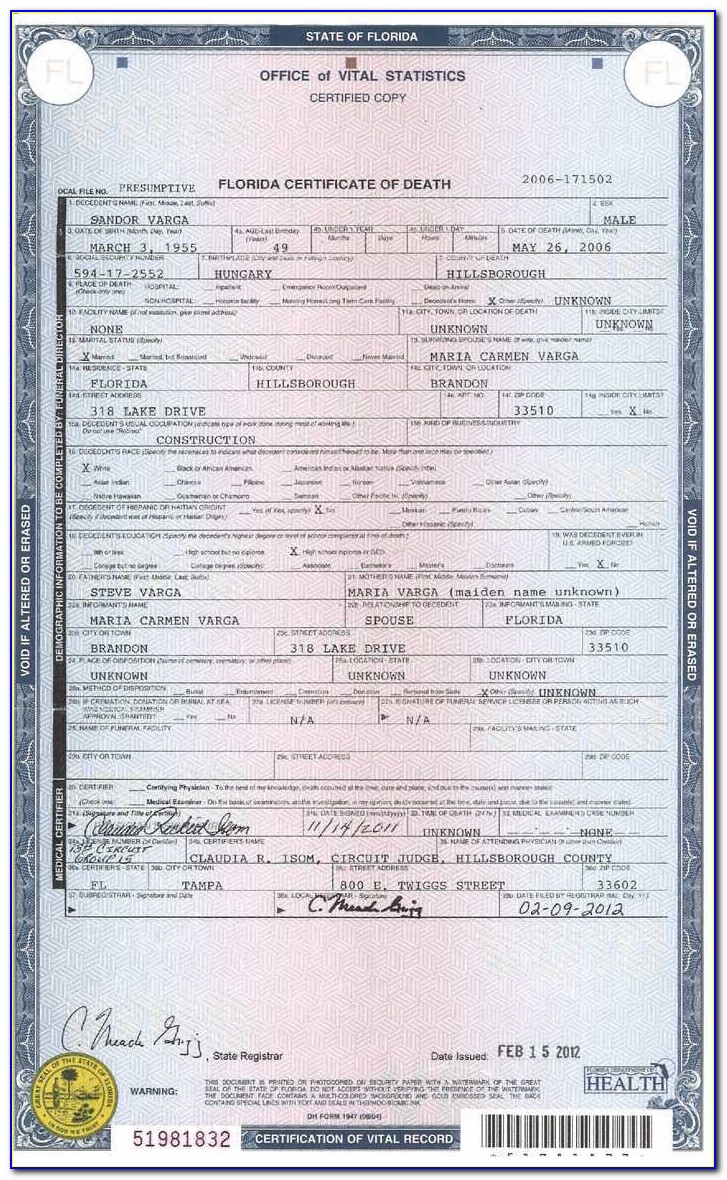 Death Certificate Miami Dade County Florida