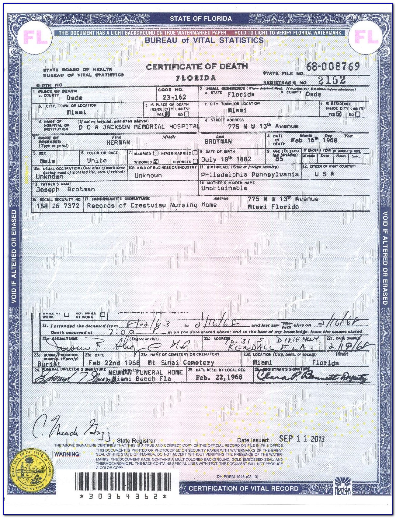 Death Certificate Search Miami Dade County