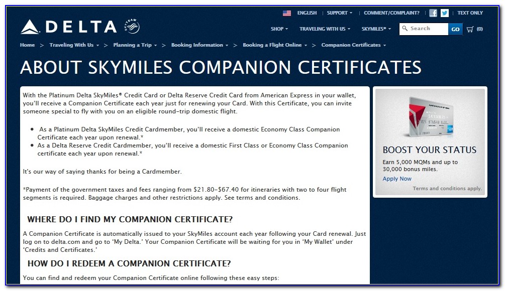 Delta Skymiles Companion Certificate