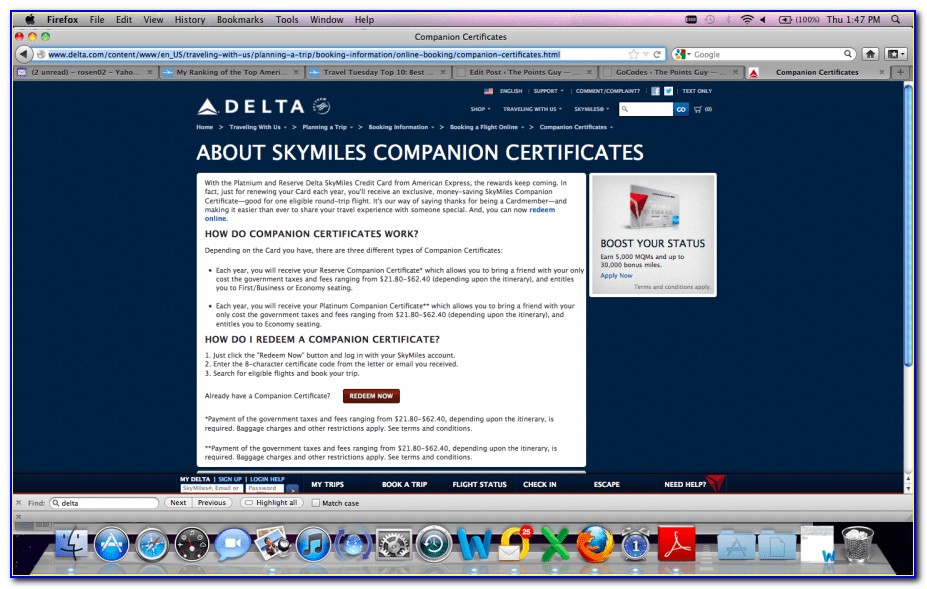 Delta Skymiles Platinum Card Companion Certificate