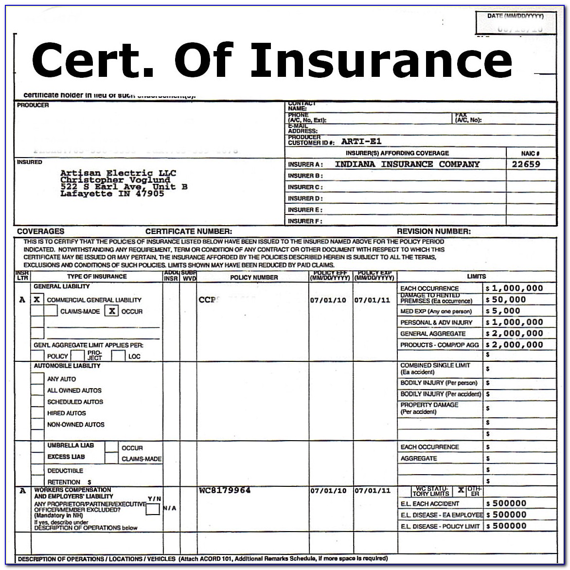 Fillable Certificate Of Property Insurance