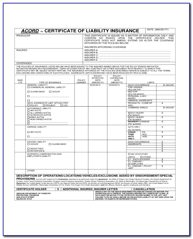 Fillable Sample Certificate Of Insurance