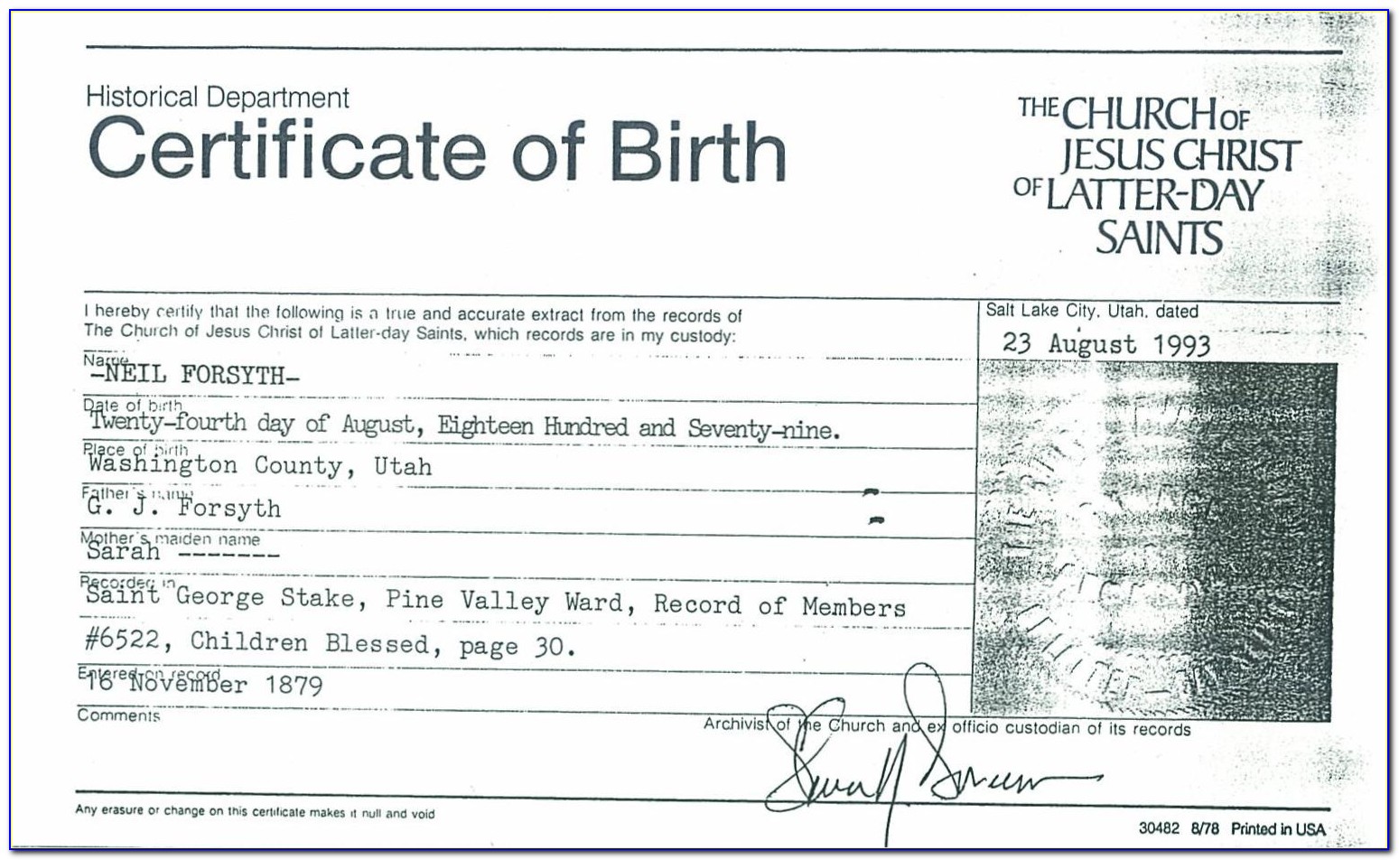 Forsyth County Certified Birth Certificate