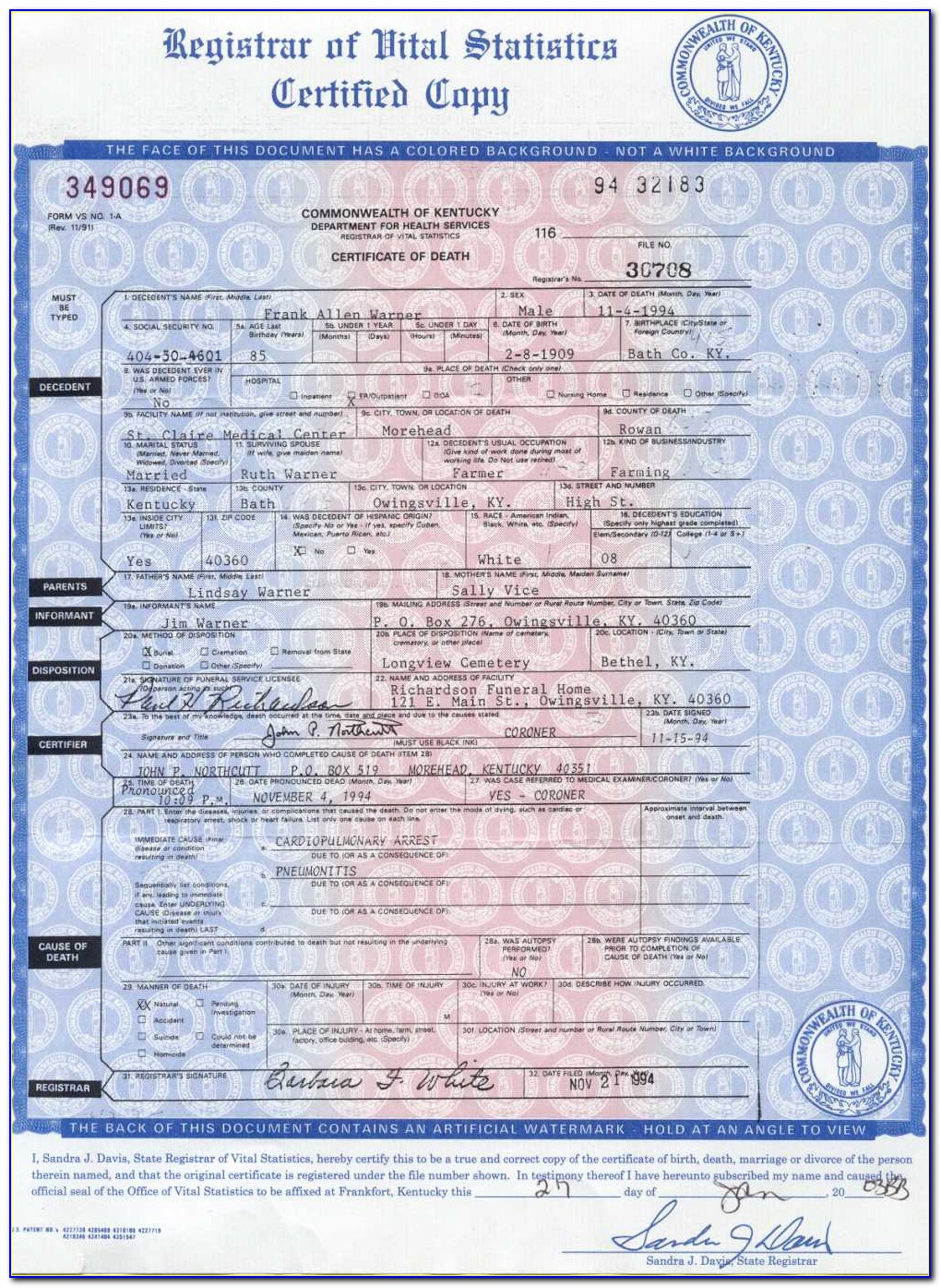 Frankfort Birth Certificates