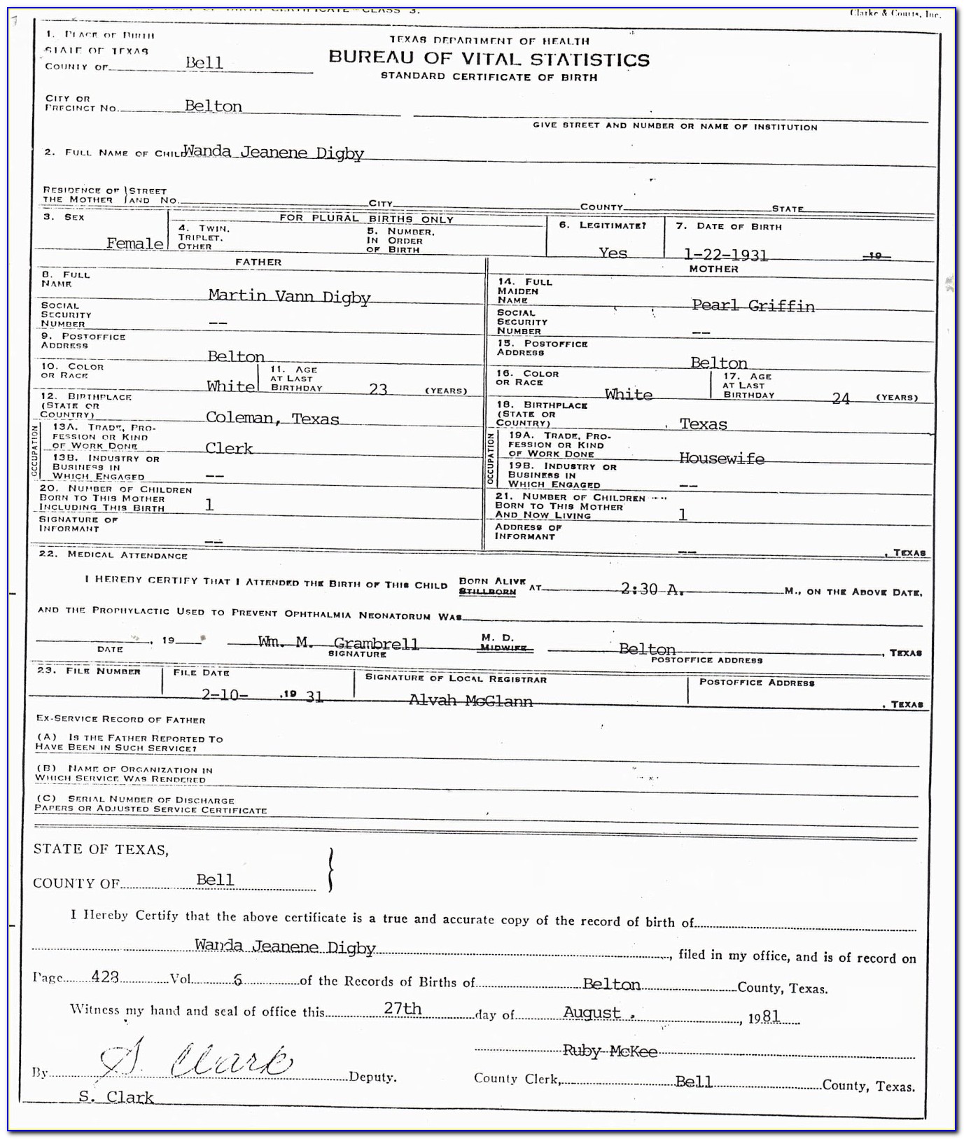 Galveston County Records Birth Certificate