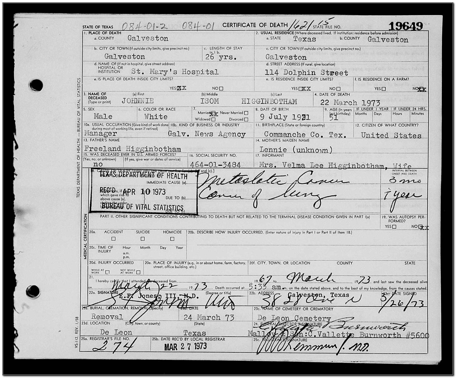 Galveston County Texas Birth Certificate