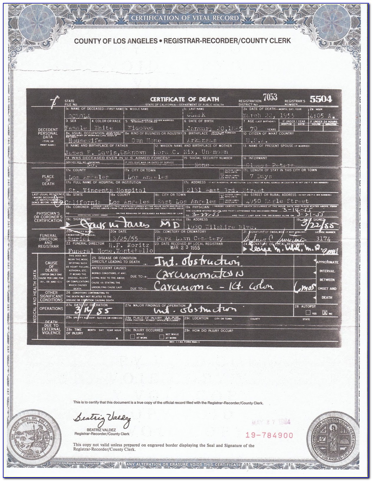 Los Angeles County Registrar Recorder Death Certificate