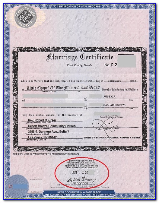 Marriage Certificate Las Vegas Nevada Copy