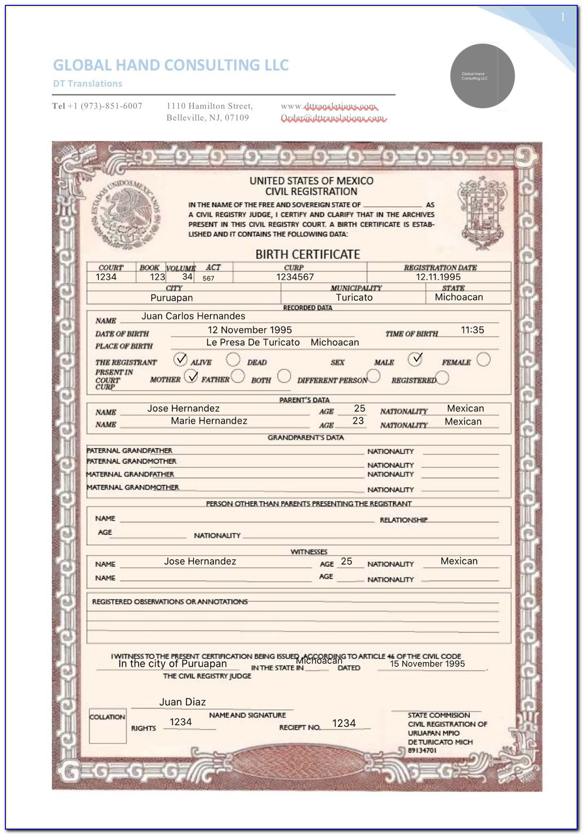 Mexican Birth Certificate Translation Example
