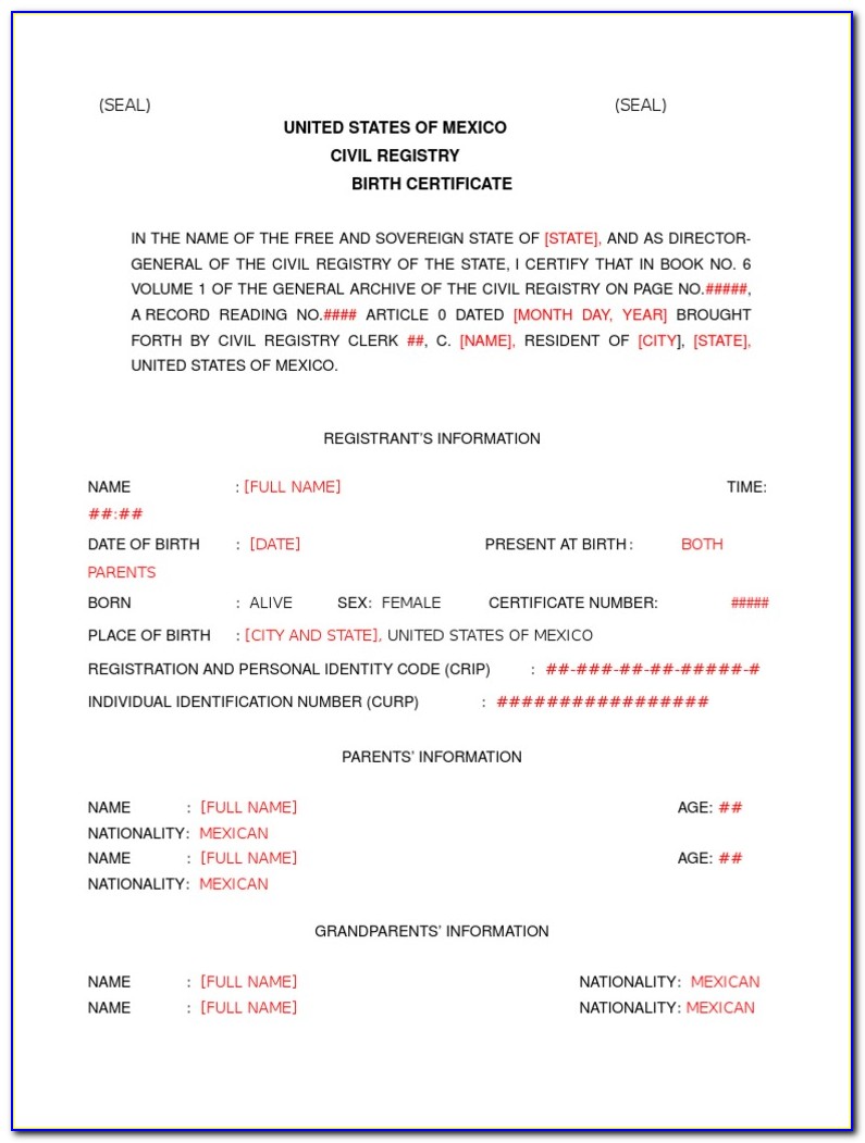 Mexico Birth Certificate Translation Template