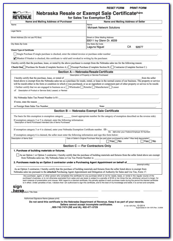 Nebraska Resale Certificate Form