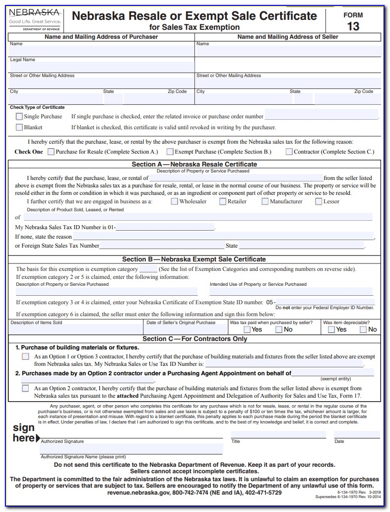 Nebraska Resale Exemption Certificate