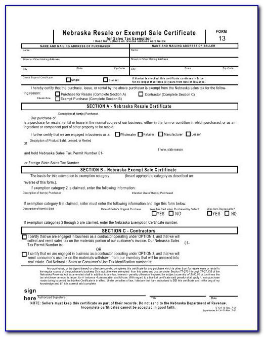 Nebraska Resale Tax Certificate