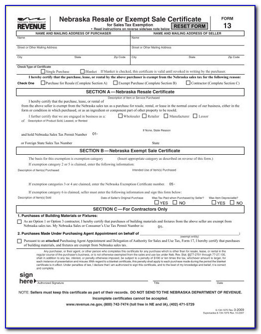 Nebraska State Resale Certificate