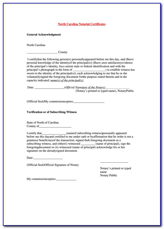 Notary Certificate Of Acknowledgement Nc