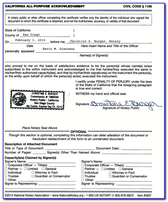 Notary Certificate Of Acknowledgement Short Form