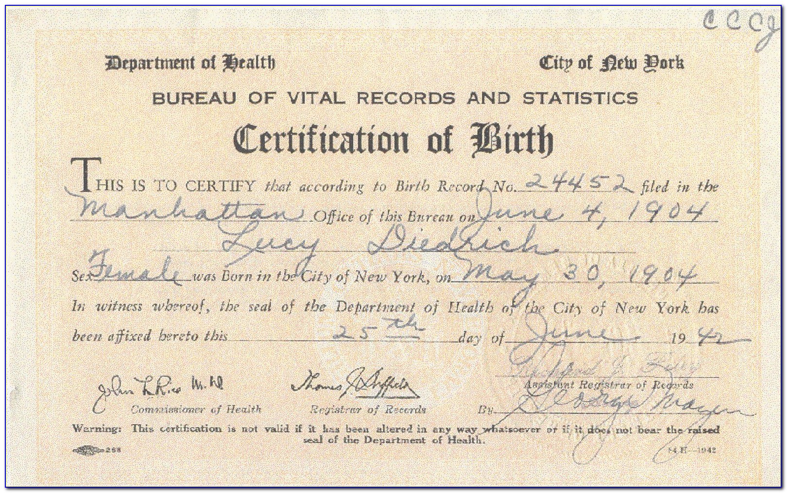 Nyc Department Of Vital Records Birth Certificate
