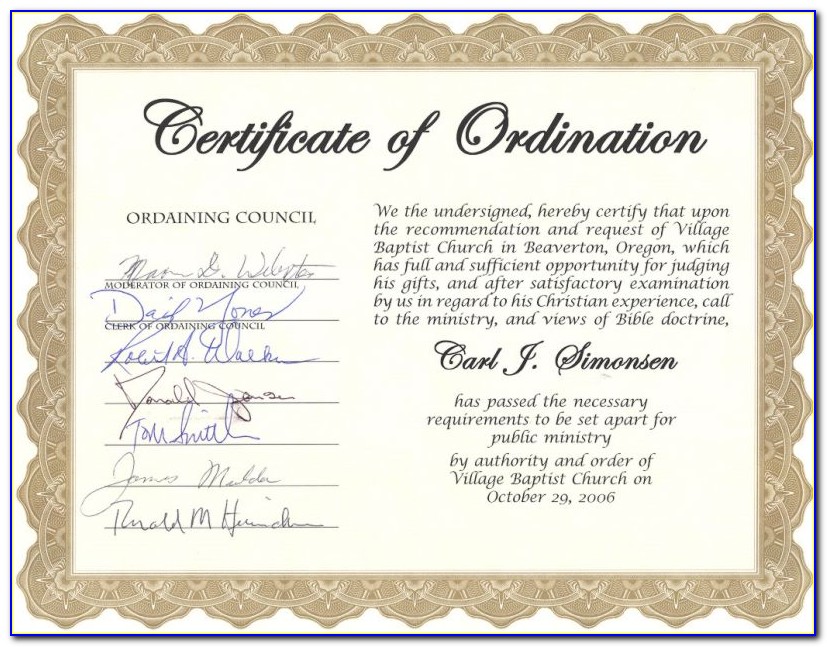 Ordained Pastor Certificate