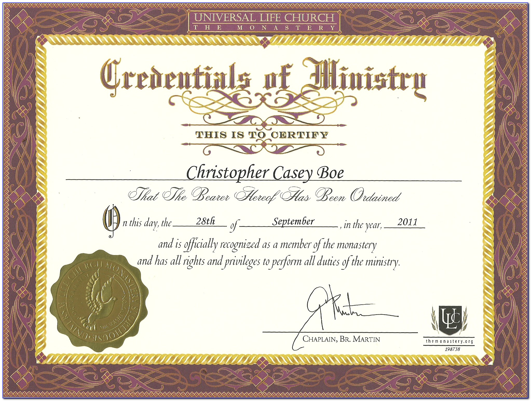 Pastor Ordination Certificate Sample