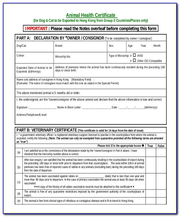 Printable Pet Health Certificate Template