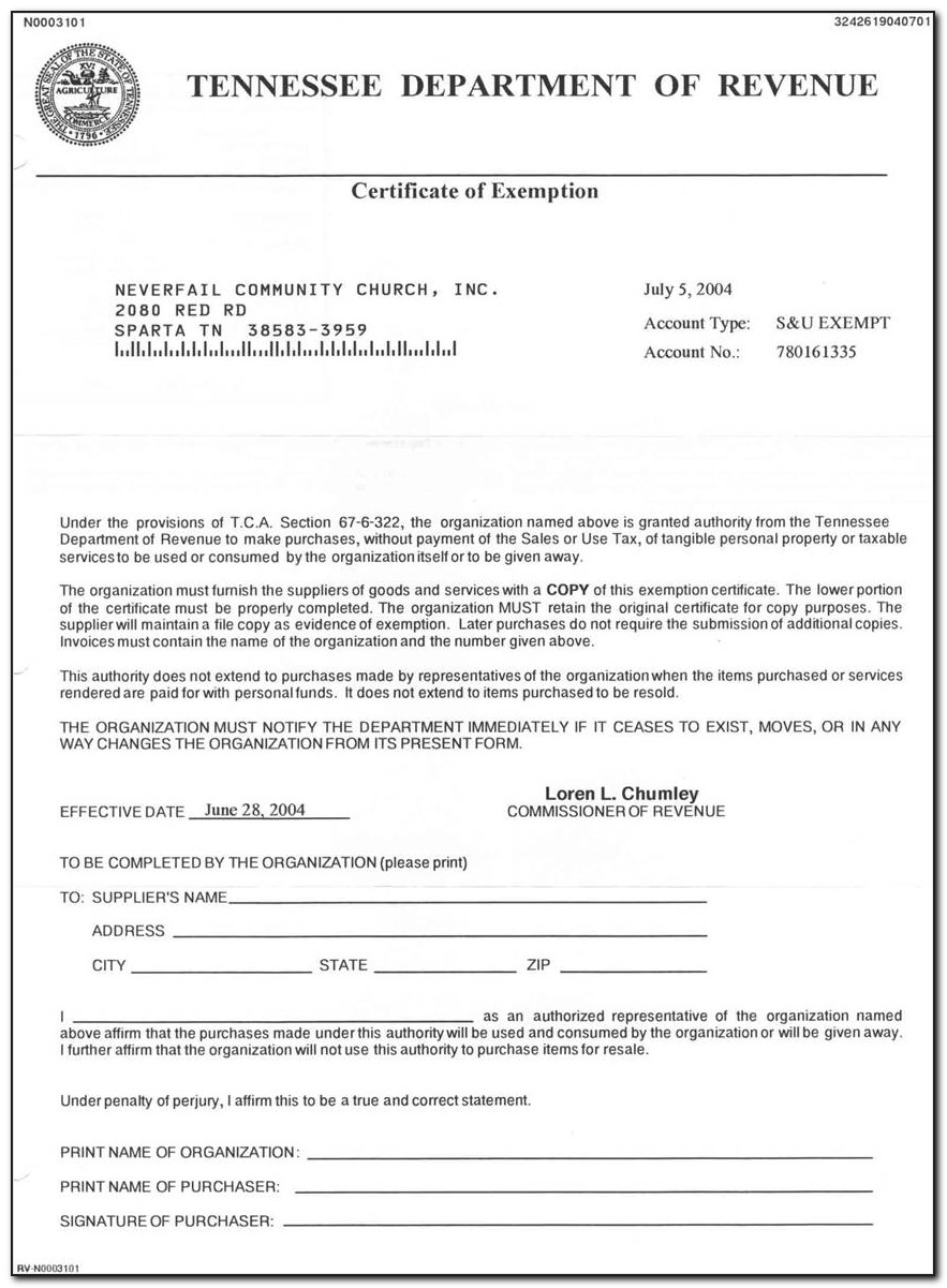 Tennessee Sales Tax Exemption Certificate Expiration