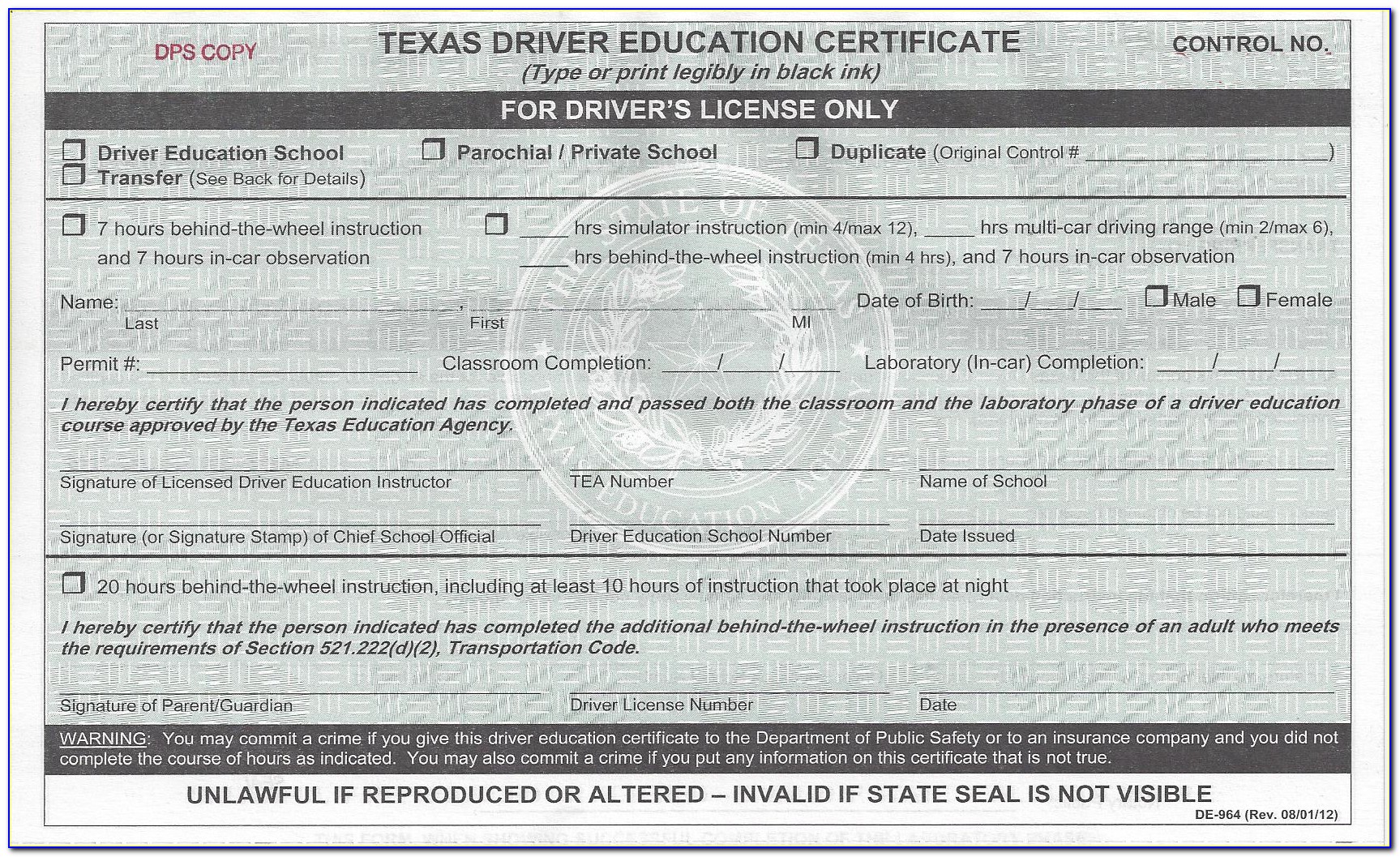 Texas Driver Education Certificate (de 964e)