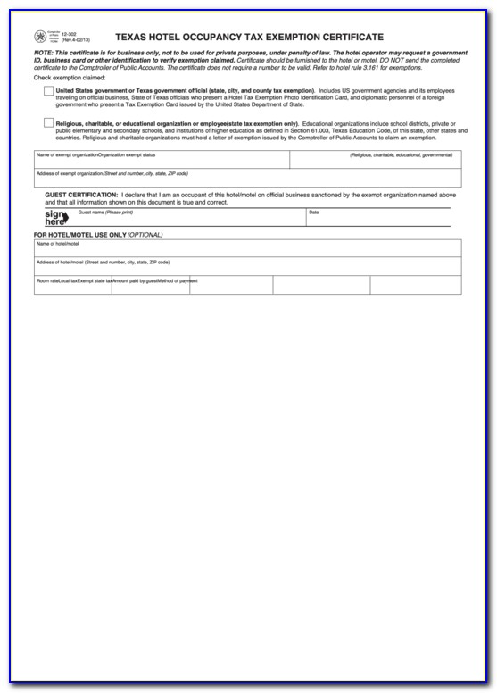 Texas Hotel Occupancy Tax Exemption Certificate 12 302