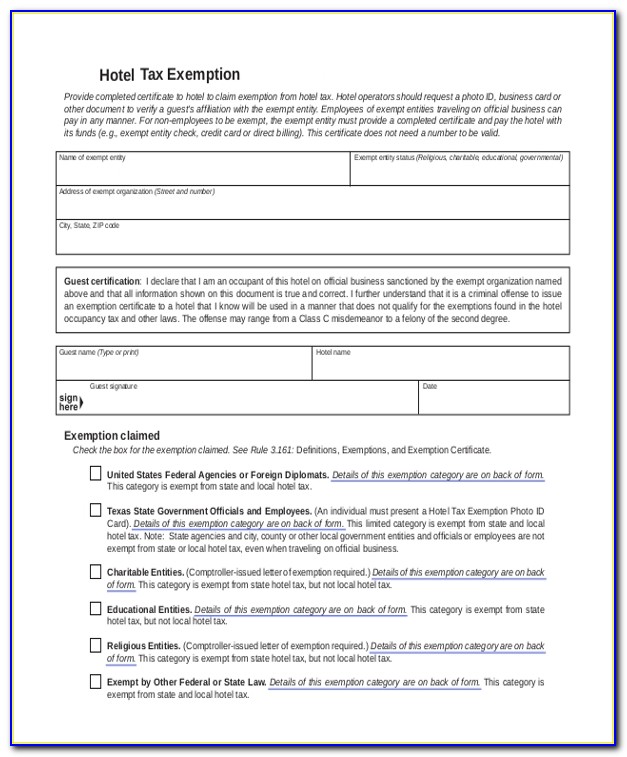 Texas Hotel Occupancy Tax Exemption Certificate 2018