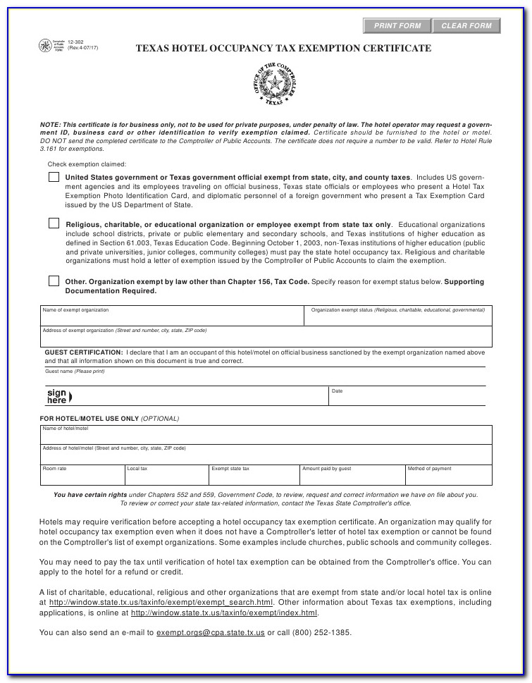 Texas Hotel Occupancy Tax Exemption Certificate 2019