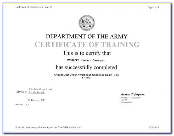 Us Army Cyber Awareness Training Certificate