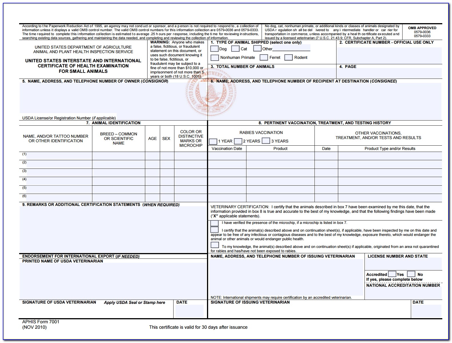 Usda Veterinary Health Certificate Form