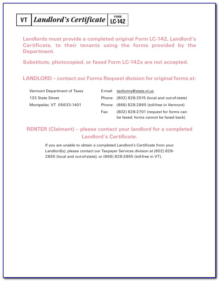 Vermont Landlord Certificate 2019