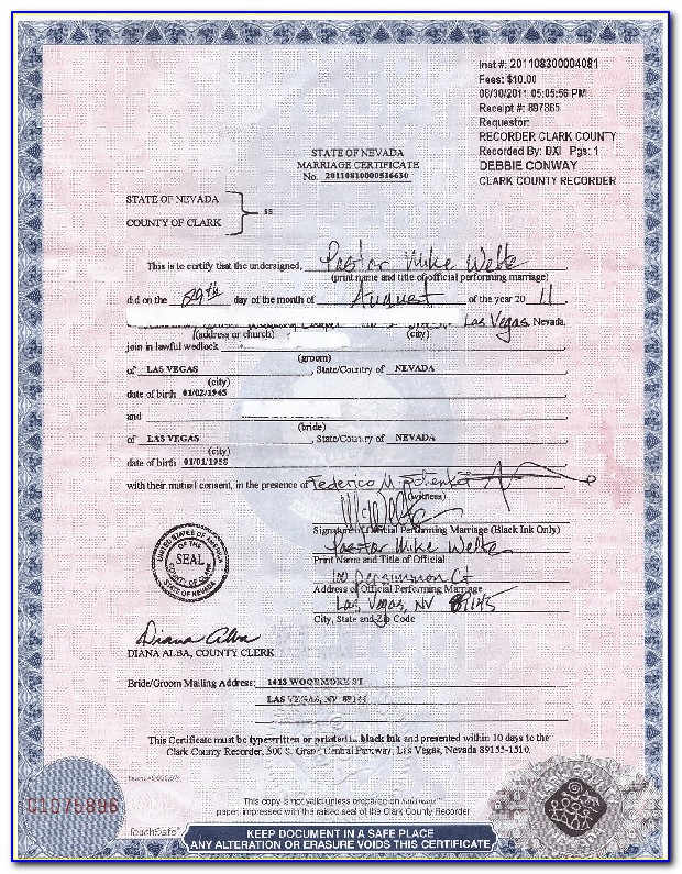 Wedding Certificate Las Vegas Nevada