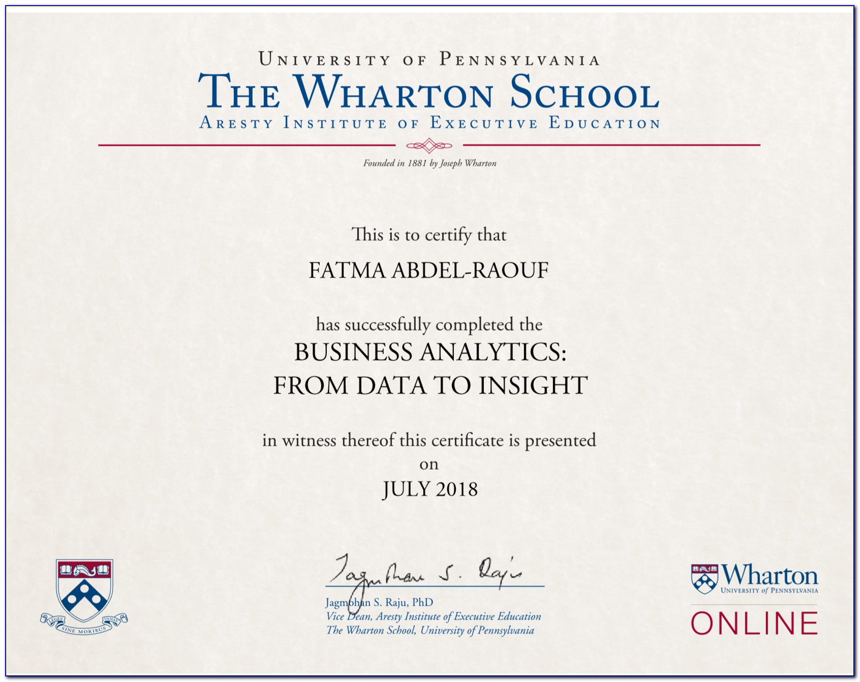 Wharton Online Certificate Business Analytics