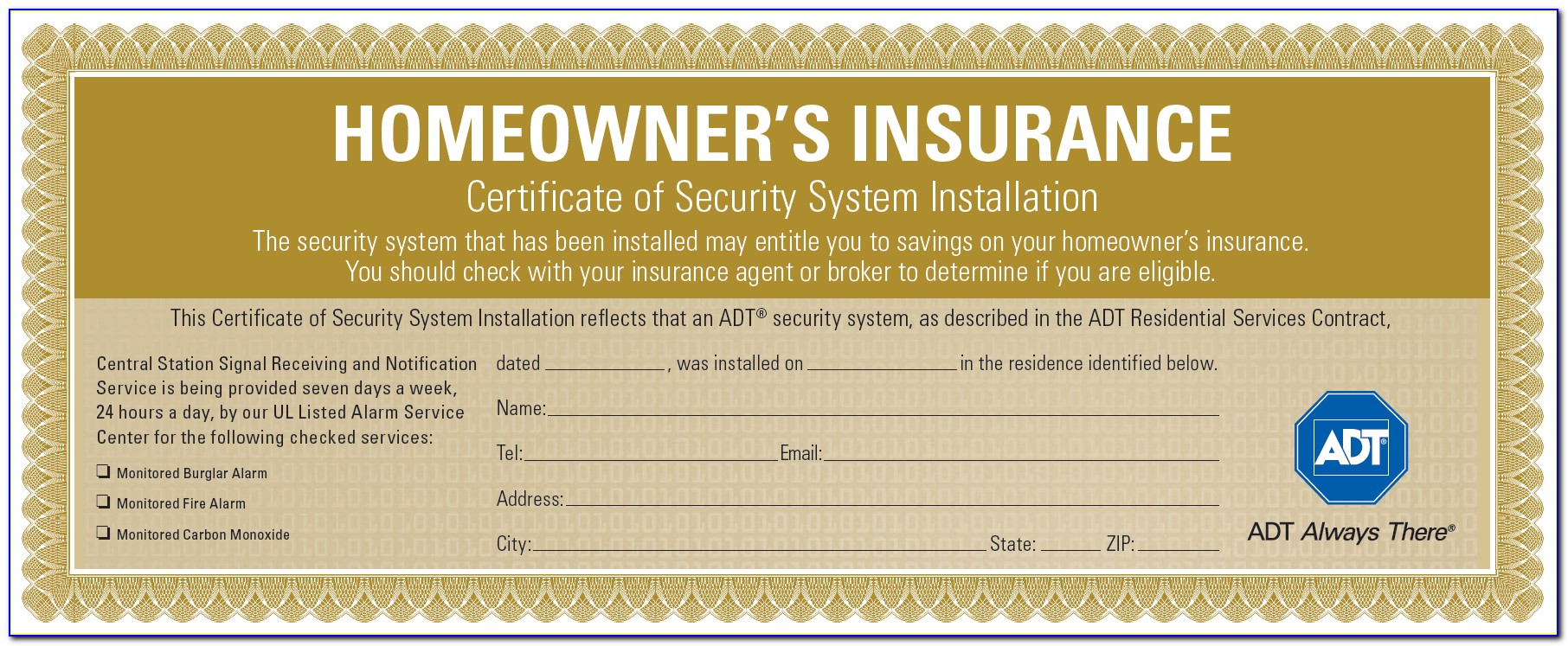 Adt Alarm Certificate For Insurance Pdf