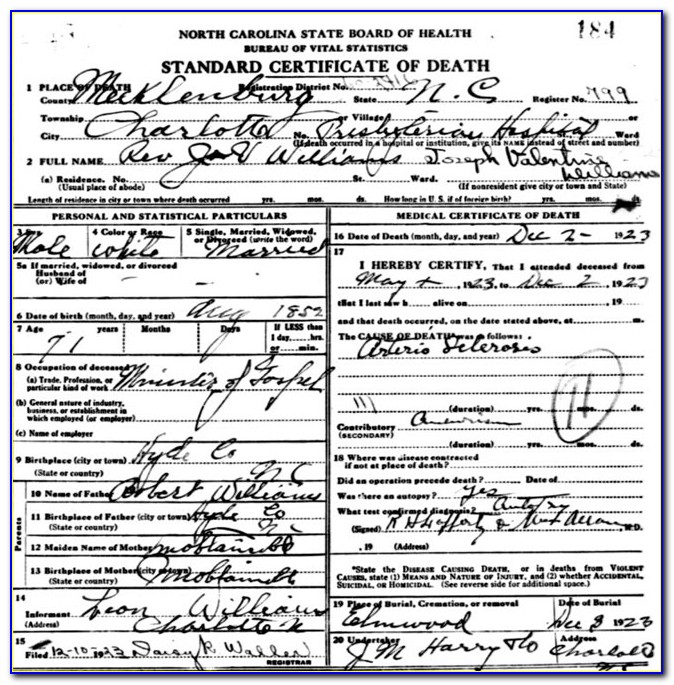 Birth Certificate North Carolina Mecklenburg County