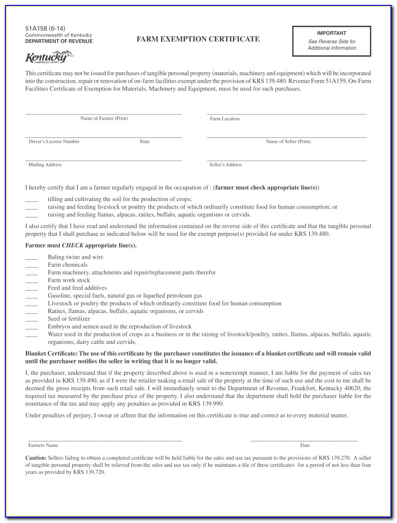 Blank Kentucky Purchase Exemption Certificate