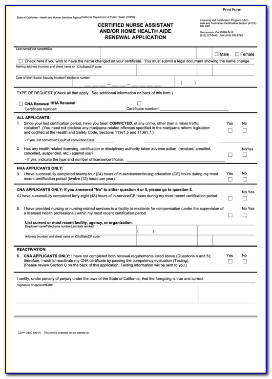 Certified Nursing Assistant Renewal Form