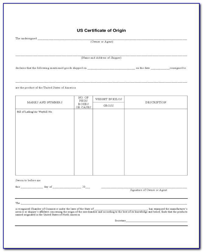 Editable Certificate Of Origin Form
