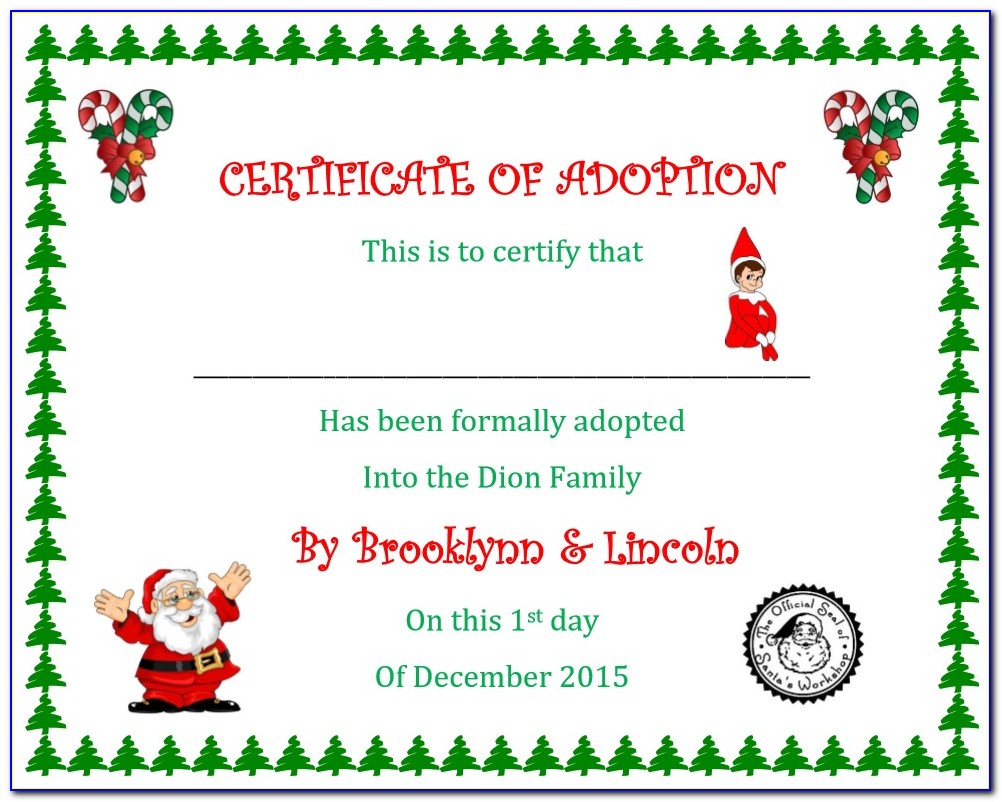 Elf Adoption Certificate Template Free