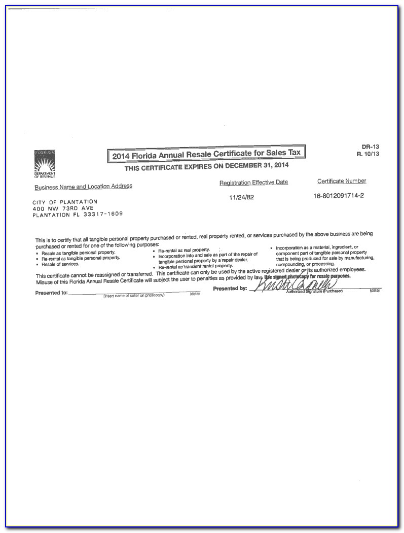 Florida Sales Tax Resale Certificate