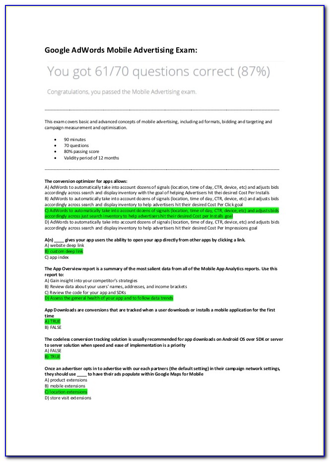 Google Adwords Certification Exam Answers
