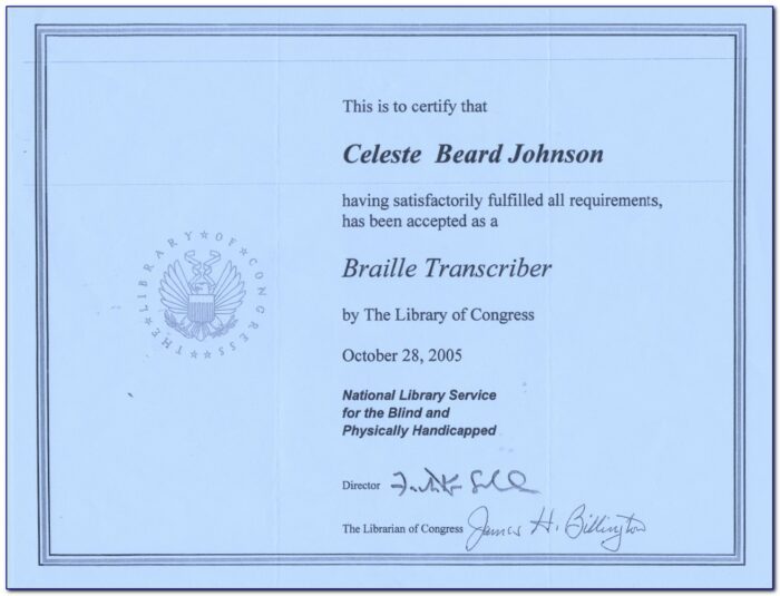 Library Of Congress Braille Certification