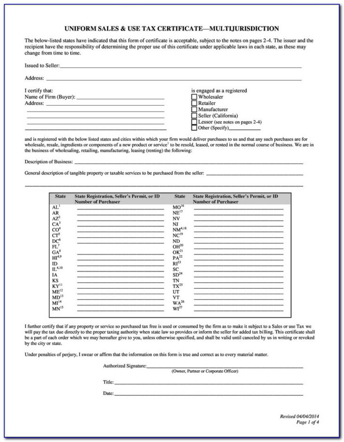 Mass Resale Certificate Form