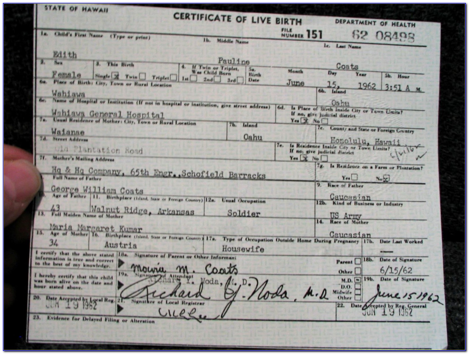 Oahu Hawaii Birth Certificate