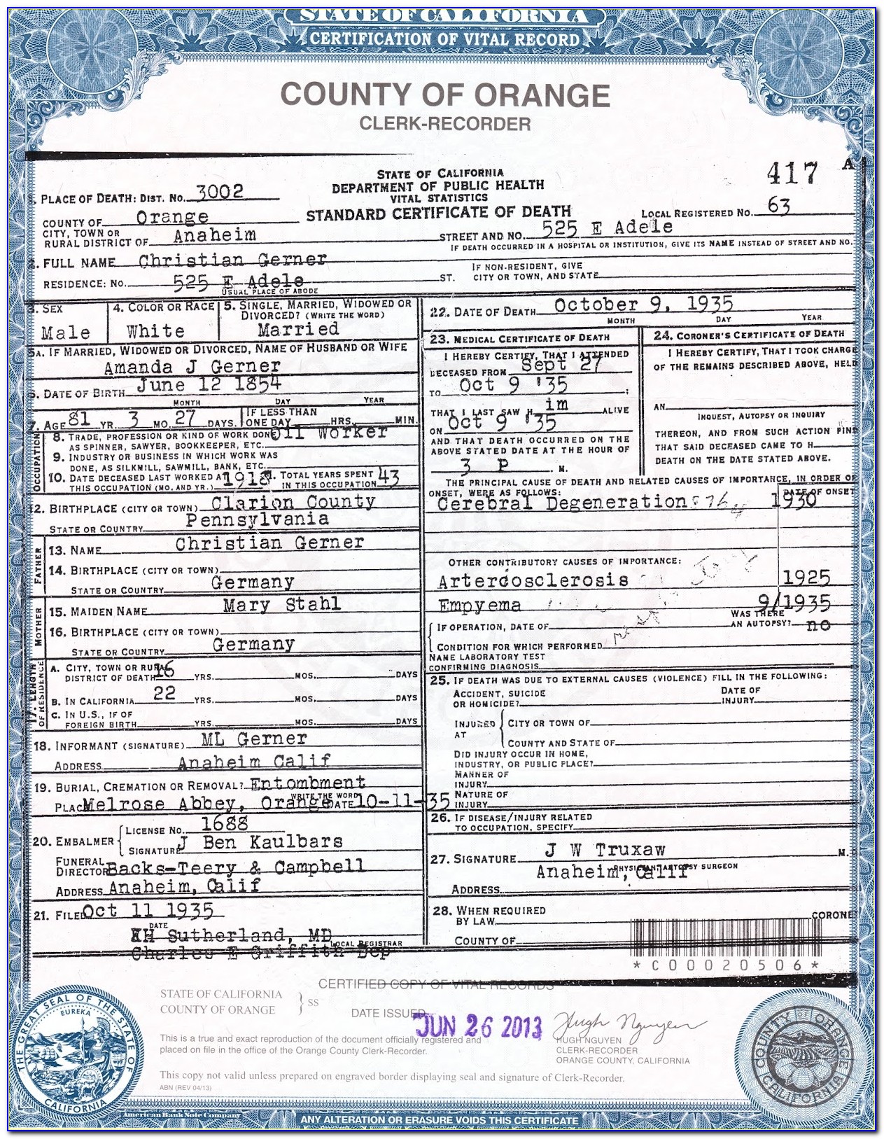 Orange County Recorder's Office Birth Certificate