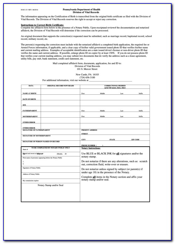 Pa Birth Certificate Correction Form