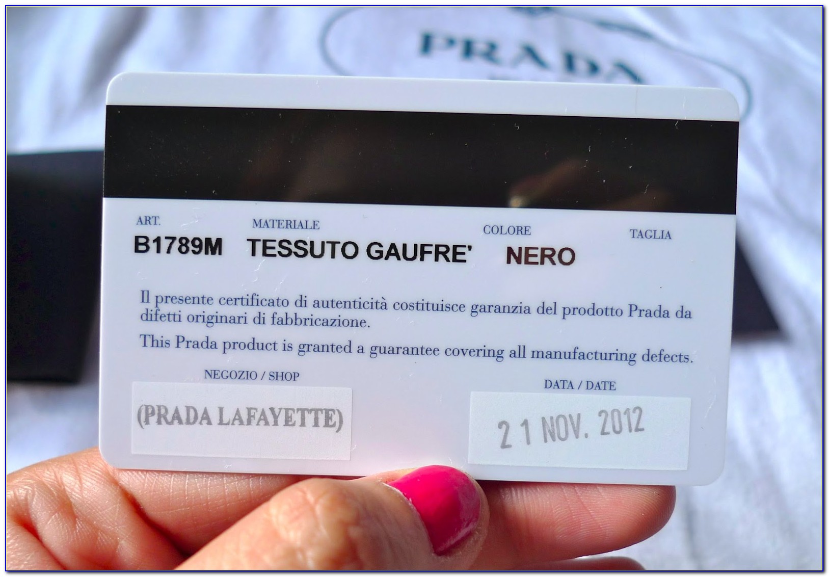 Prada Milano Authenticity Certificate Card