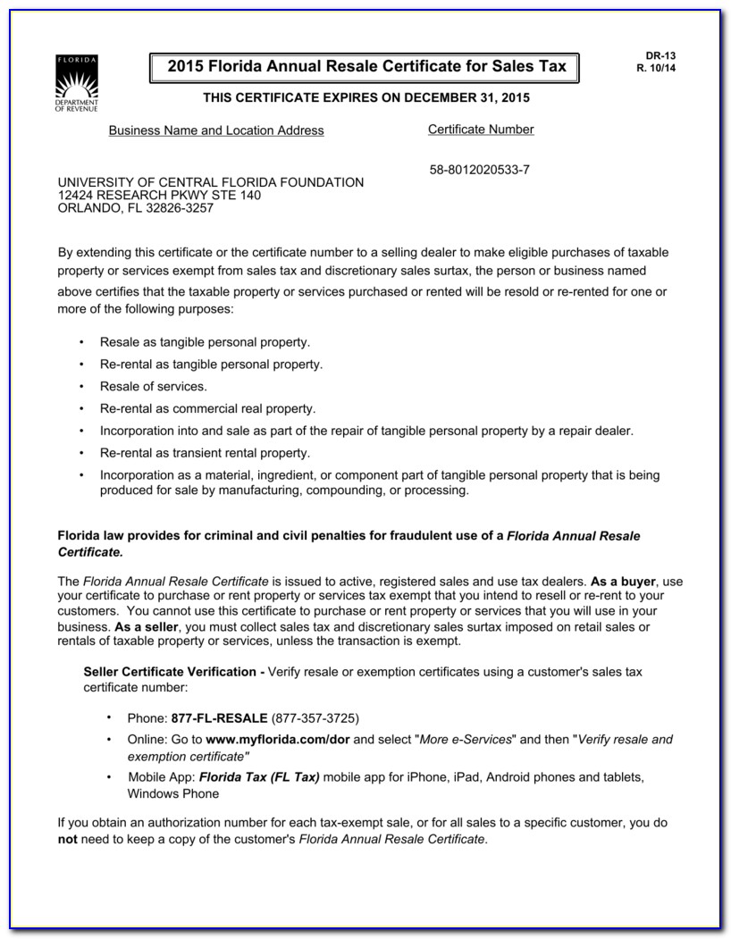 Print Florida Annual Resale Certificate Form Dr 13
