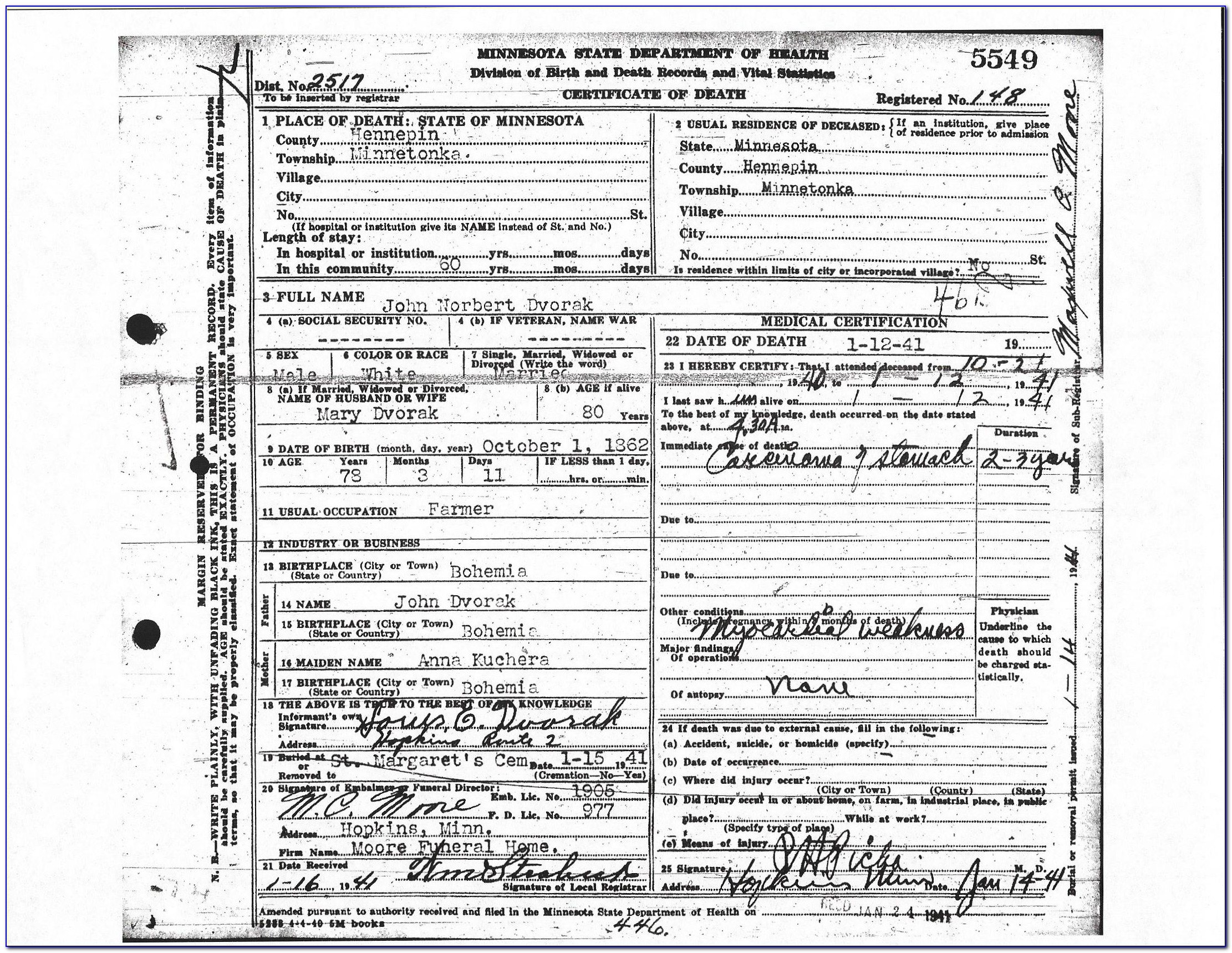 Stanislaus County Vital Records Death Certificate